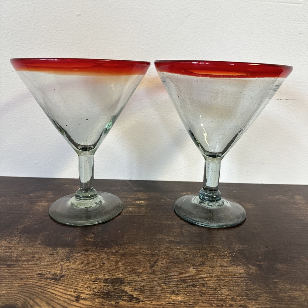 2 Tall Mexican Style‎ Martini Margarita Red & Orange Rim Hand Blown Glass 6.75"